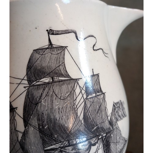 283 - A Liverpool creamware jug, 19th century, of typical bellied form printed to one side with a vignette... 