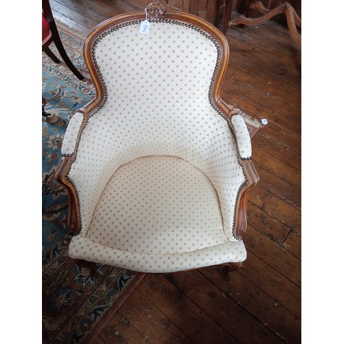 510 - Pair of Louis XV style fauteuils armchairs, late 20th century, each with a carved stained beechwood ... 