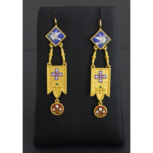 100 - A pair of 19th century micro mosaic earrings, the diamond shaped panel depicting Dove of Peace suspe... 