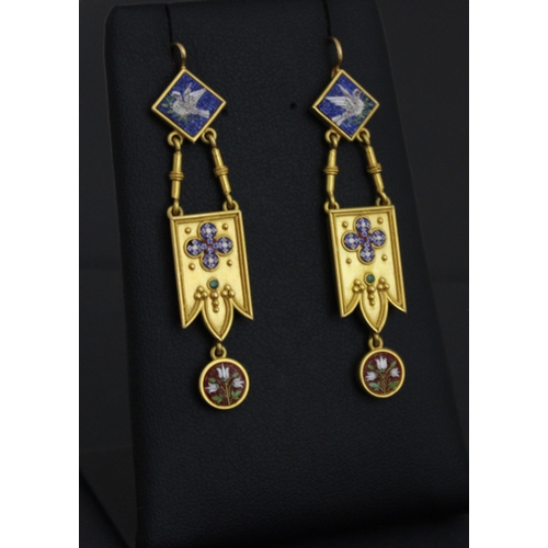 100 - A pair of 19th century micro mosaic earrings, the diamond shaped panel depicting Dove of Peace suspe... 