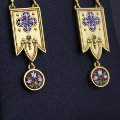 100 - A pair of 19th century micro mosaic earrings, the diamond shaped panel depicting Dove of Peace suspe... 