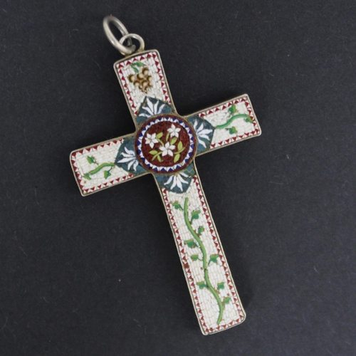 101 - A 20th century micro mosaic cross pendant, the white hardstone background with foliate decoration an... 