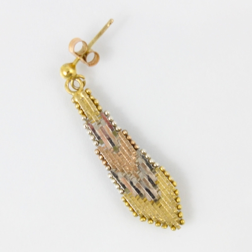 105 - A pair of gold coloured mesh work earrings, the tri coloured arrow shaped earrings with textured and... 