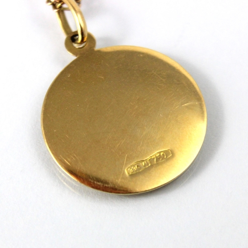 116 - A yellow metal ‘Gemini’ style pendant, the circular pendant stamped to reverse ‘750’ upon an associa... 