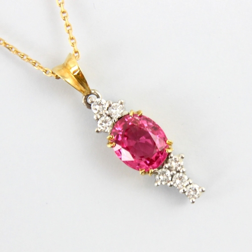 120 - A bespoke untested pink spinel and diamond pendant, the trefoil designed round cut diamond pendant s... 