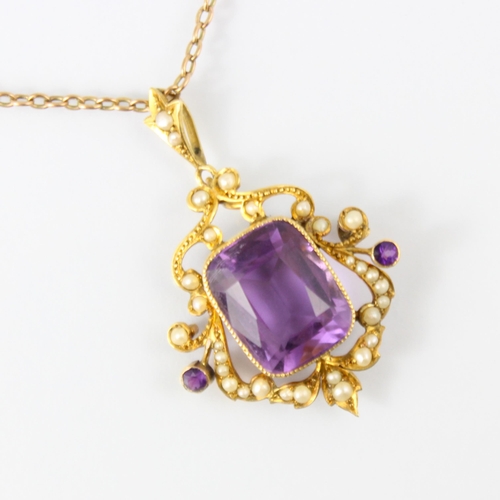 131 - An early 20th century amethyst and pearl pendant, the central cushion cut style amethyst set within ... 