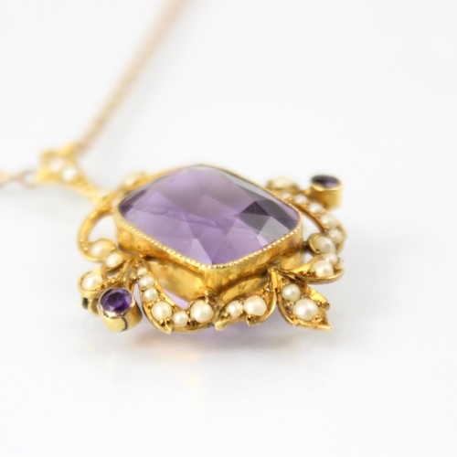 131 - An early 20th century amethyst and pearl pendant, the central cushion cut style amethyst set within ... 