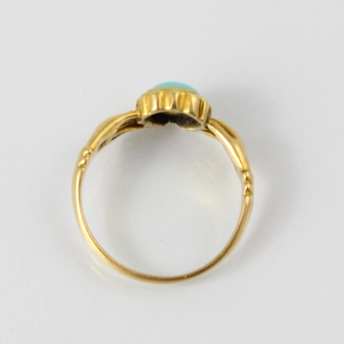 147 - A Regency style fede style ring, the central turquoise coloured cabochon clasped by two hands leadin... 