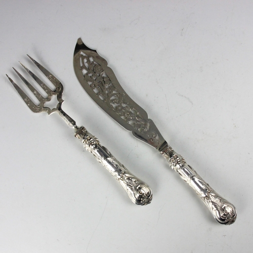 37 - A pair of Victorian silver fish servers, Joseph Rodgers & Sons, Sheffield 1848, the knife with styli... 