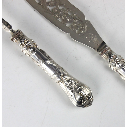 37 - A pair of Victorian silver fish servers, Joseph Rodgers & Sons, Sheffield 1848, the knife with styli... 