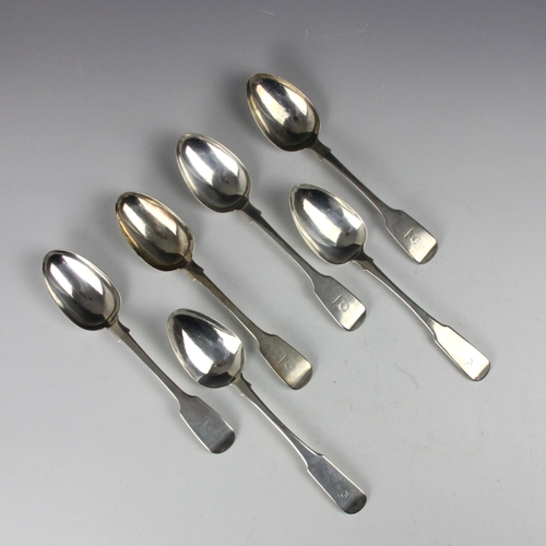 38 - A set of four Victorian silver fiddle pattern table spoons, John Henry Lias, London 1845, engraved w... 