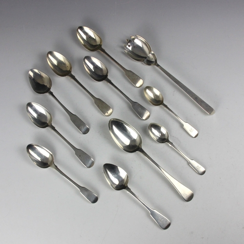 39 - A selection of silver flatware, including a set of four Victorian silver fiddle pattern dessert spoo... 