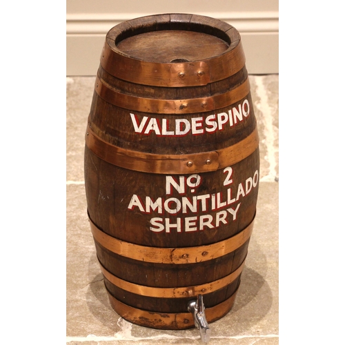 562 - A copper banded coopered oak barrel, applied with white painted shadowed text ‘Valdespino, No. 2 Amo... 