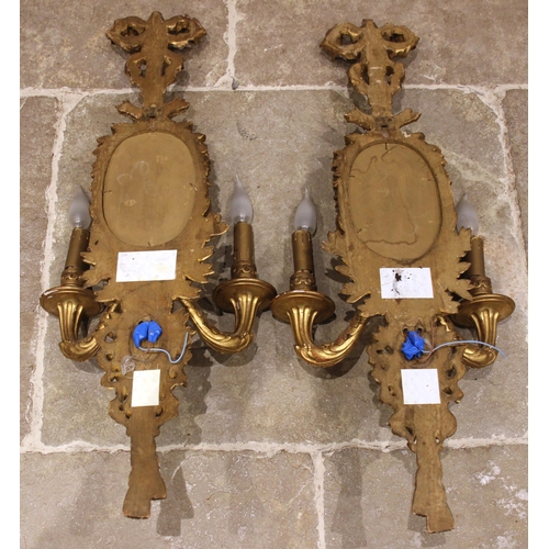 609 - A pair of giltwood and gesso Jasper plaque inset wall sconces, 19th century, each with a ribbon bow ... 