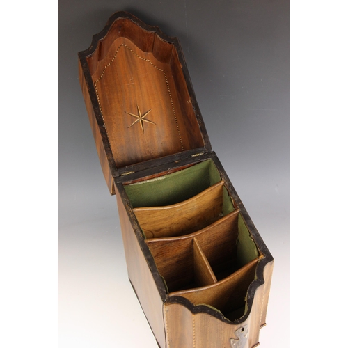 658 - A George III mahogany cutlery box, the hinged cover inlaid with a satinwood conch shell, outlined wi... 