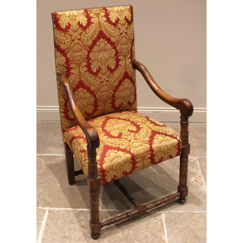 682 - A walnut framed open armchair, probably French, late 17th/early 18th century, later re-upholstered i... 