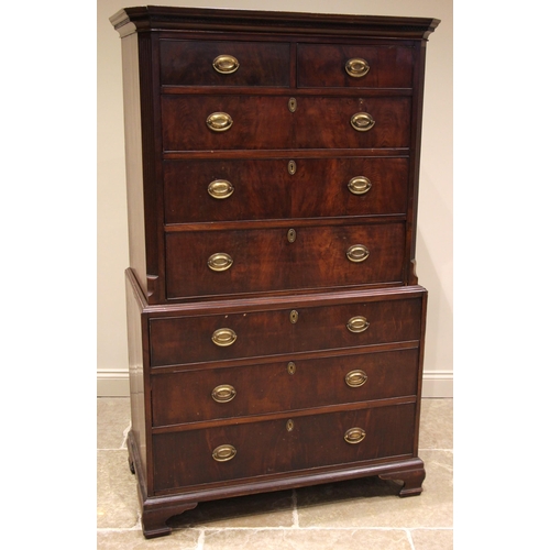 691 - A George III mahogany chest on chest, the moulded Greek key pattern cornice over an arrangement of t... 