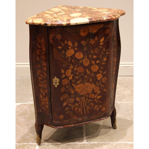 704 - A Louis XV kingwood and marquetry marble topped corner cupboard or encoignure, the fan shaped rouge ... 