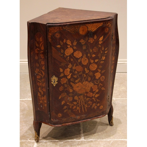 704 - A Louis XV kingwood and marquetry marble topped corner cupboard or encoignure, the fan shaped rouge ... 