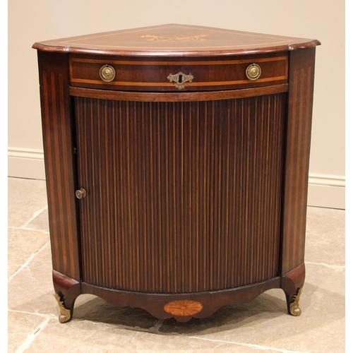 707 - A George III inlaid mahogany freestanding corner cabinet, the fan shaped top inlaid with satinwood c... 