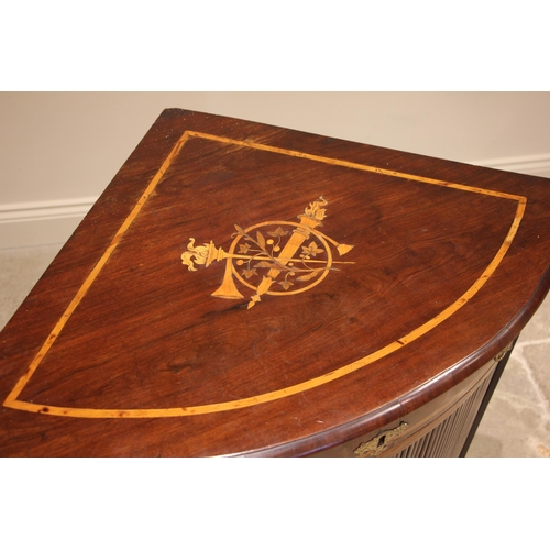 707 - A George III inlaid mahogany freestanding corner cabinet, the fan shaped top inlaid with satinwood c... 