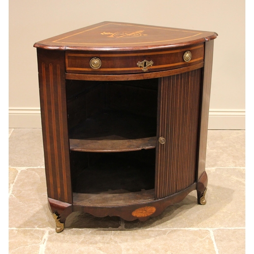 707 - A George III inlaid mahogany freestanding corner cabinet, the fan shaped top inlaid with satinwood c... 