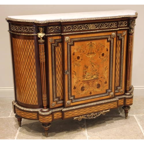 728 - A Louis XVI style walnut and satinwood marble top credenza, late 19th century/early 20th century, of... 