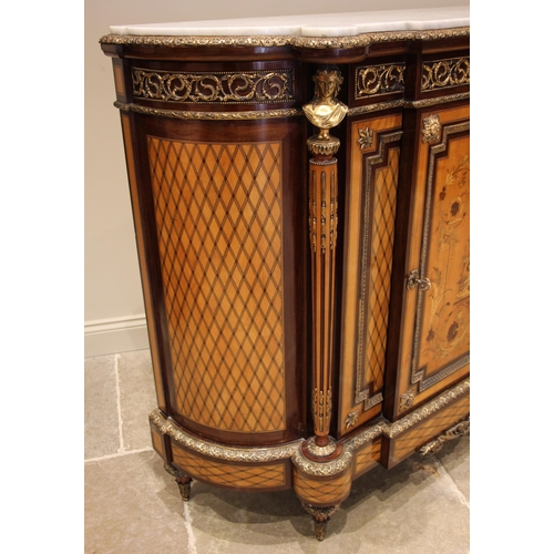 728 - A Louis XVI style walnut and satinwood marble top credenza, late 19th century/early 20th century, of... 