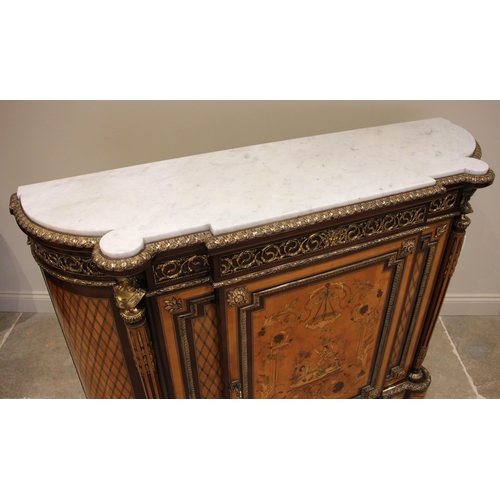 728 - A Louis XVI style walnut and satinwood marble top credenza, late 19th century/early 20th century, of... 