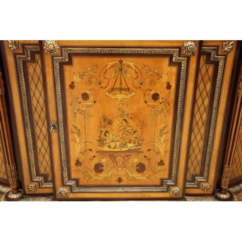 728 - A Louis XVI style walnut and satinwood marble top credenza, late 19th century/early 20th century, of... 