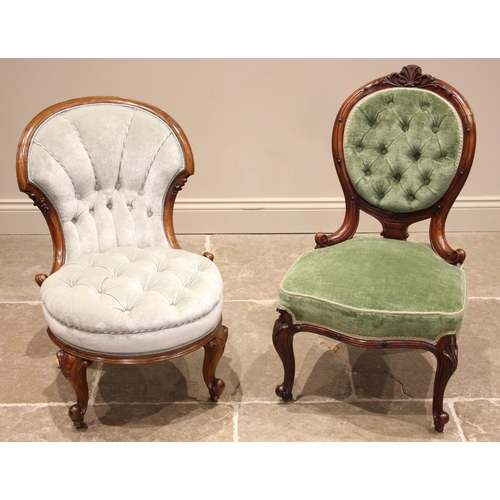 730 - A Victorian walnut framed low seat chair, the arched scalloped button back applied with cord detail ... 