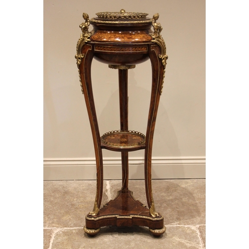 746 - A 19th century style French walnut and kingwood jardiniere stand, inlaid with foliate and scroll mot... 