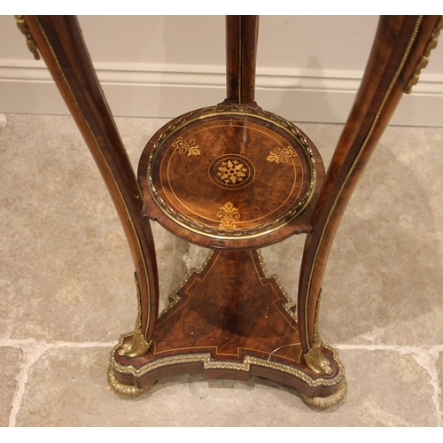 746 - A 19th century style French walnut and kingwood jardiniere stand, inlaid with foliate and scroll mot... 