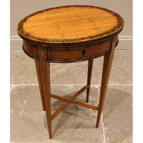 757 - A Sheraton revival satinwood oval vanity table, 19th century, applied with foliate decoupage banding... 