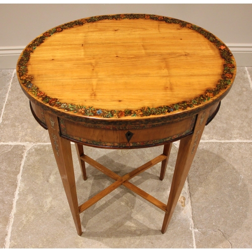 757 - A Sheraton revival satinwood oval vanity table, 19th century, applied with foliate decoupage banding... 