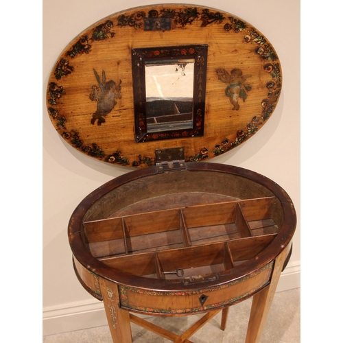 757 - A Sheraton revival satinwood oval vanity table, 19th century, applied with foliate decoupage banding... 