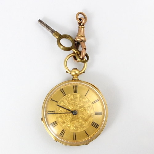 82 - An early 20th century yellow metal ladies fob watch, the gold coloured dial with Roman numerals and ... 