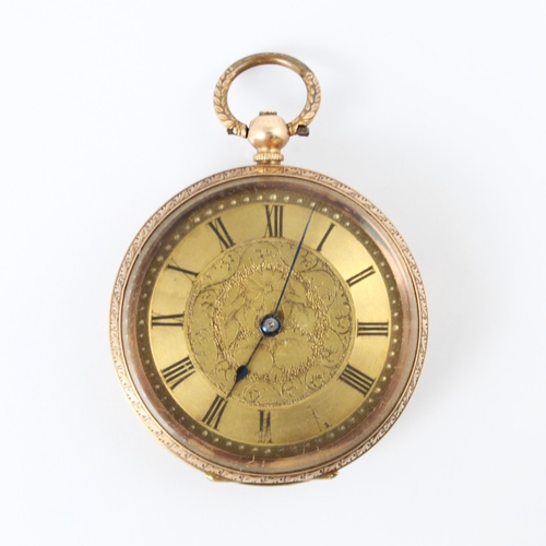 87 - A late 19th century yellow metal fob watch, the circular gold coloured dial with central engraved fl... 