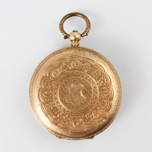 87 - A late 19th century yellow metal fob watch, the circular gold coloured dial with central engraved fl... 