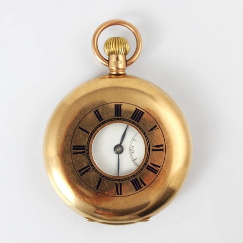 88 - An early 20th century 9ct gold half hunter pocket watch, the white circular dial with Arabic numeral... 