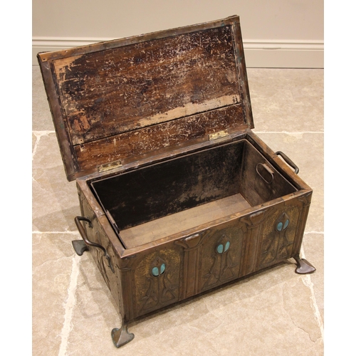 535 - An Arts and Crafts embossed copper covered wooden coal box/stool, in the manner of Archibald Knox, f... 