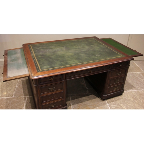 758 - A Victorian mahogany twin pedestal partners desk, the moulded top inset with gilt tooled green skive... 