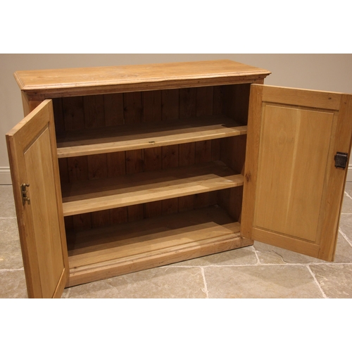 776 - A light oak school cupboard, mid 20th century, the rectangular moulded top over a pair of panelled d... 