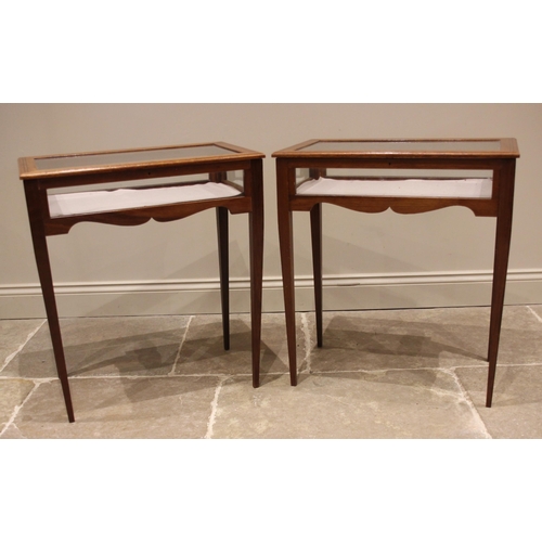 783 - A pair of Edwardian style mahogany bijouterie cabinets, the hinged covers inlaid with stringing, ove... 