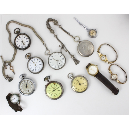 80 - A selection of pocket watches and wristwatches, including a white metal 'Victoria Watch Co' example,... 