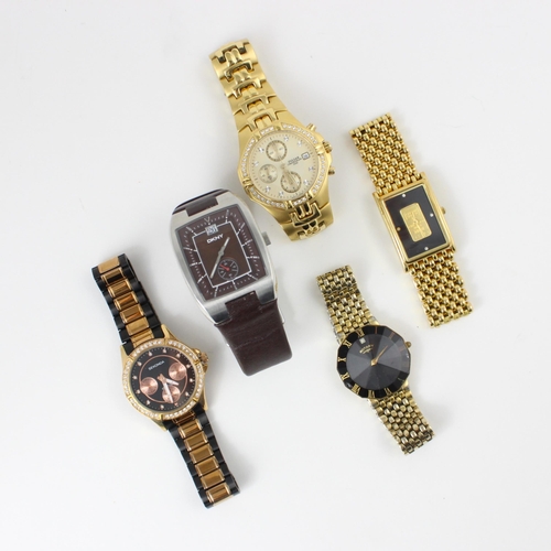 90 - A group of five wristwatches, including a ‘Credit Suisse’ example, the dial set with ‘999.9’ ingot a... 