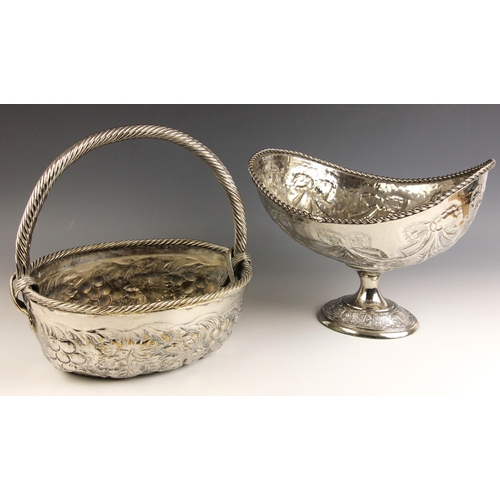 49 - An early 20th century silver plated pedestal fruit bowl, the gadroon rim above oval body with emboss... 