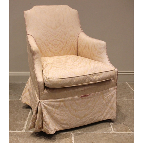 763 - A 19th century armchair, later re-covered in pastel watered silk effect fabric, the shaped back rest... 