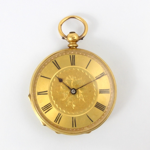 73 - A yellow metal ladies fob watch, the gold coloured dial with Roman numerals and florally engraved de... 