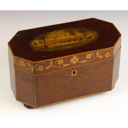 660 - A Regency mahogany tea caddy, of canted rectangular form, the hinged cover painted with a bridge in ... 